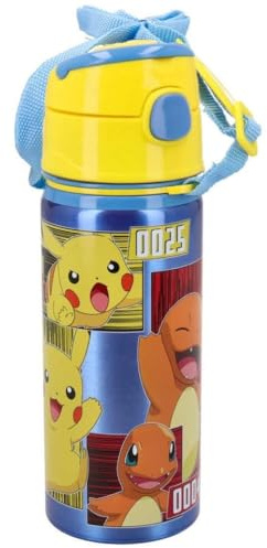 Pokémon Borraccia in Alluminio con Cannuccia 600 ml Bottiglia con Apertura Automatica per Bambini