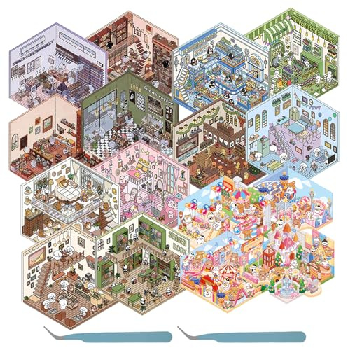 16 Stück DIY 3D House Stickers, dekorative 3D-Aufkleber für Miniaturhäuser, lustige Aufkleber für die Szene für kleine Zimmer, Blumenhaus, Café, Bakery, Bibliothek (16 Stück)