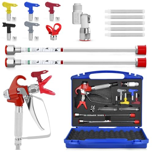 16pcs Airless Kit pistola di verniciatura con pistola di vernice Airless 3600 PSI,1 protezione dell'ugello,5 testine di spruzzo,2 aste di estensione,1 guarnizione rotante, 5 filtri e 1 scatola di