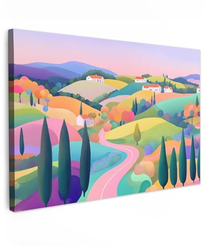 MuchoWow© Cuadros Decoracion Salon Modernos Dormitorios Cuadro Decorativos | 120x80 cm - de Lienzos Decorativo Decoración Cabecero Cama Paisaje - Violeta - Pastel - Casas