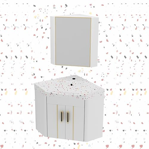 HanDpi Eckwaschtisch mit kleinem Waschbecken, Eckwaschbecken zur Wandmontage, Eckwaschbecken-Kombination, mit Eckspiegelschrank über der Theke, Mini-Wandwaschbecken (weiß, 19 Zoll/48 Zoll)