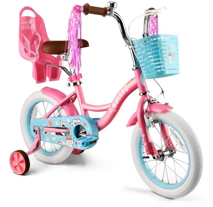 RULLY 12-16 Inch Girls Bike with Doll Seat Basket and Training Wheels for 2-6 Years Children