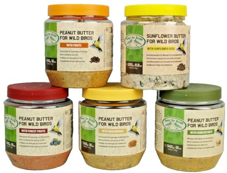 5 Verschiedene Sorten Wildvogelfutter Erdnussbutter Sonnenblumenpaste für Gartenvögel Mehlwürmer Nussstücke Frucht Wildvogelfutter Vögel PET-Glas Fettfutter