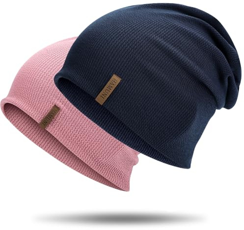 HAMUNI Mütze Damen Dünne Mütze Herren - Slouch Beanie Mütze - Leicht Weich Chemo Mütze - Atmungsaktiv Long Beanie - Elastisch Mütze - Ideale Beanie Mütze für Alle Jahreszeiten (Rosa+Dunkelblau)