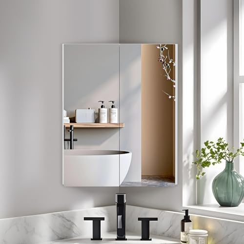 Lumibric 45x60cm Corner Bathroom Cabinets with Mirror, 2-Door Wooden Wall Mounted Cabinet with HD Mirror, White Bathroom Corner Cabinet with Storage