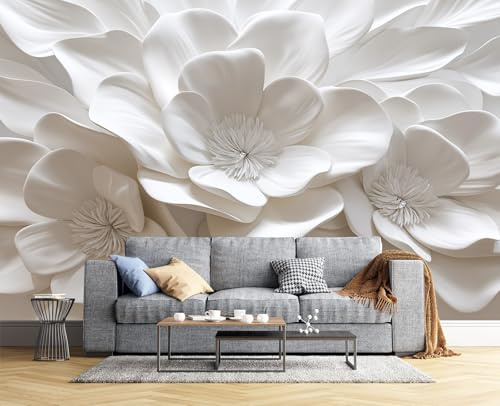 JSCWDET Papier Peint Panoramique 3D Soie Motif En Relief,150×105 Cm (W×H) Murales Panoramique Fleurs Blanches Pour Salon, Adulte Chambre D'Enfants, Restaurant Décoration,Ivoire