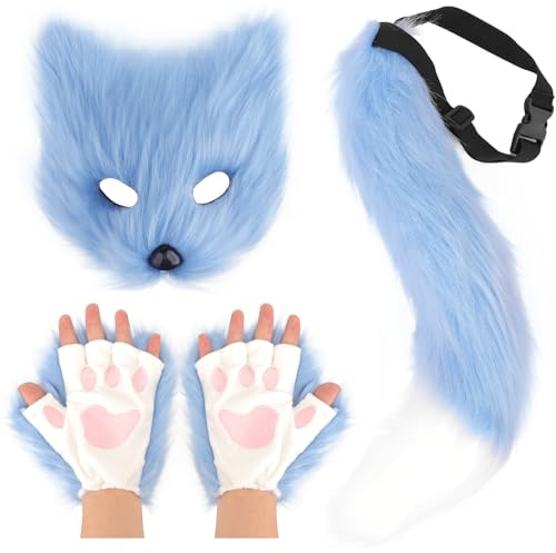 DRESHOW Cola de Zorro de Piel Sintética Peluche Gato de Lobo Máscara Disfraz de Fiesta de Halloween Guantes de la Pata Cosplay Set para Mujeres