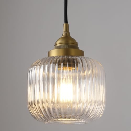 SongCiLT Vintage Ceiling Pendant Light with Clear Ribbed Glass Lampshade, Industrial Globe Hanging Light Fixture for Kitchen Island Hallway Dining Room Stairway