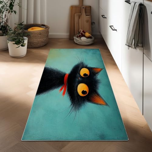 Ölgemälde Stil Teppich Küche 40 x 120 cm Teppich Läufer Flur Lang, Antibakterieller Faltbar rutschfest Dünn Teppiche Cartoon Tier Schwarze Katze für Balkon Badezimmer Schlafzimmer Wohnzimmer