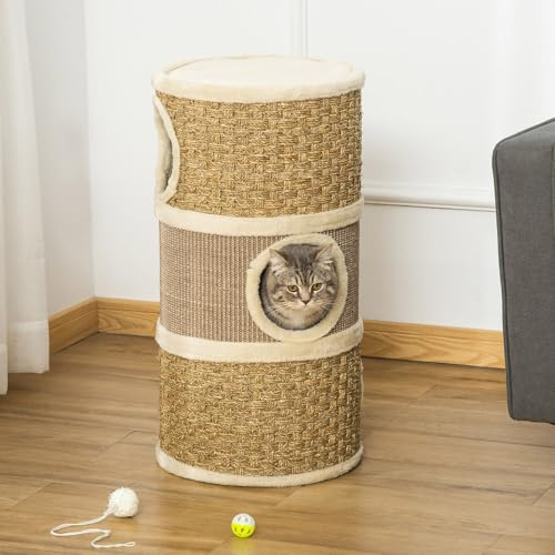 27.5 Multi-Level Cat Tree Tower with Condo & Sisal Scratching Post Kitty Activity Center for Indoor Cats with Interactive Tunnel,3 Story Cat Hideaway Barrel Shaped Small Cat Tree for Indoor Cats