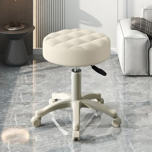 Taburete con ruedas, silla giratoria de 360 grados de altura ajustable con cojín de piel sintética, silla portátil para bar, cafetería, spa, hogar, oficina, estación de trabajo (beige)