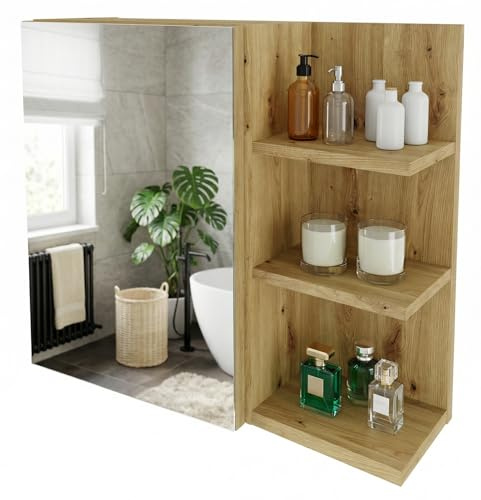 möbelkap Spiegelschrank Badezimmer mit Ablage & Stauraum | Hängender Badezimmerschrank zur Wandmontage mit Regal – modern & pflegeleicht|Eiche Atisan
