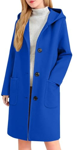 Dyhxuan Wollmantel Damen mit Kapuze Lang Trenchcoat Wollmischung Mantel Einreihiger Übergangsmantel Elegant Wintermantel Herbst Winter Kapuzenmantel Warm Damenmantel mit Tasche