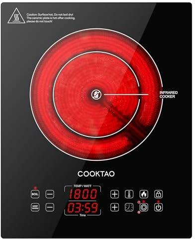 Dual Heating Coil Design of Single Burner Electric Cooktop, 1800W Ceramic Infrared Cooking Hot Plate, Portable Countertop or Built-in Radiant Stove Top Cooker with Wattage and Temperature Control
