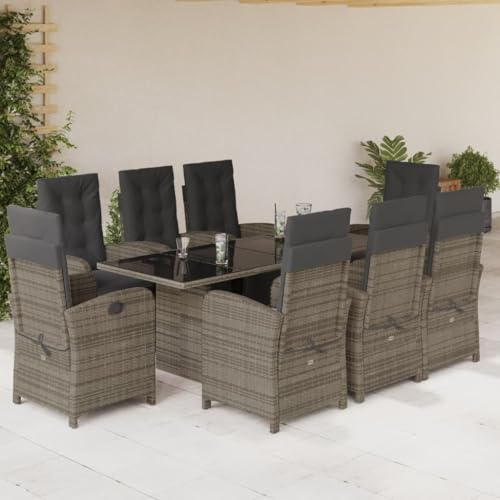 Holamys 9-TLG. Garten-Essgruppe, verstellbare Rattan-Sessel mit Kissen, Gartentisch aus Hartglas, wetterfestes Poly Rattan, für Terrasse, Balkon, Grau