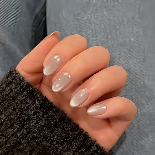 KQueenest Press On Nails Kurz - Cat Eye Beige Nude Künstliche Nägel zum Aufkleben Kurz Rund, 30 Stück 15 Größen Chrome Fake Nails Press ons, Premium, Wiederverwendbar Glänzend Acryl Nägel für Damen