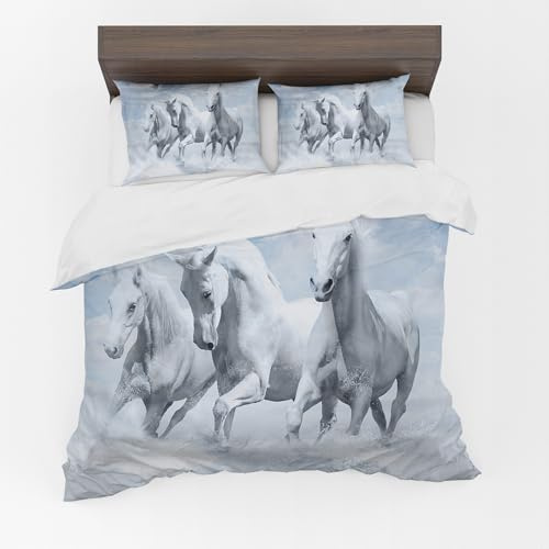 Adam Home 3D Duvet Cover Set With Pillowcases Home Bedroom Décor Digital Printed Microfiber Single Bedding Set Made in UK|White Horses