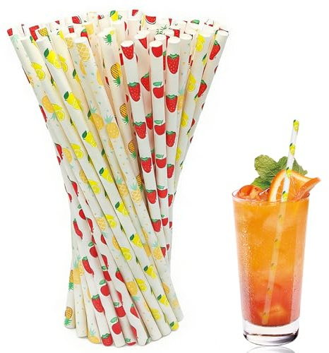 100 Stück Strohhalme Papier, 197mm × 6mm, Bunte Fruchtmotive Papierstrohhalme, Wiederverwendbar, Trinkhalme für Cocktails, Getränke, Hochzeit, Party und Verschiedene Anlässe (bunt 1)
