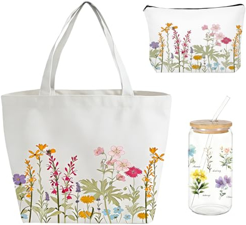 PanJoidys 3 Pcs Plant Lover Gifts for Women Spring Floral Gifts for Gardeners Woman Mom Grandma, Canvas Tote with Zipper 16oz Floral Cup with Straw Lid, Makeup Bag for Birthday Wedding Baby Shower