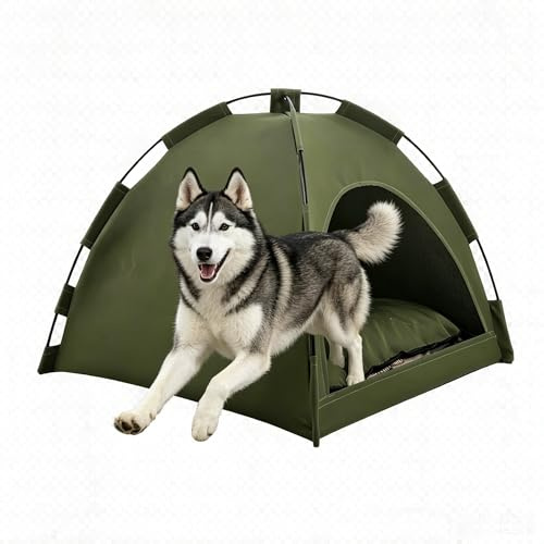 Tipi tält för husdjur hundtält katttält med plyschkudde husdjurstält hus för katter och hundar fällor hundgrotta och husdjurshus (armégrön, L: 50 x 50 cm (lämplig för husdjur 7,5 k)
