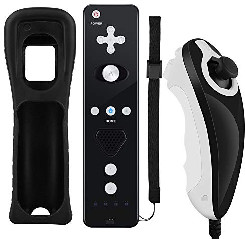 ameego Unique design Built-in Motion Plus Wireless Remote and Nunchuck Controller with Silicone Case & Wrist Strap for Nintendo Wii and Wii U (Design-B Black)