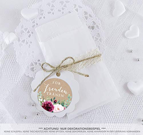 Freuden Tränen Taschentücher Set zur Hochzeit Groß 48 Sticker + 48 Pergamin Flachbeutel 63x93 mm Freudentränen Taschentuch Verpackung BOHO HIPPIE ROSEN EUKALYPTUS KRAFTPAPIER LOOK ROT ROSA