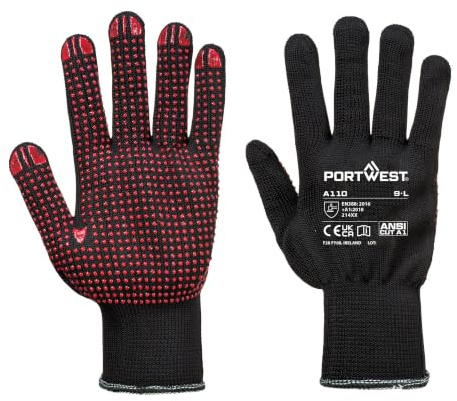 Portwest A110 Nylon Polka Dot Handske Sömlöst Stickat Foder Andningsbar | Svart, S, EN 388 (214XX), EN ISO 21420 Fingerfärdighet 5, Polyester, Hög Fingerfärdighet, Skärbeständig
