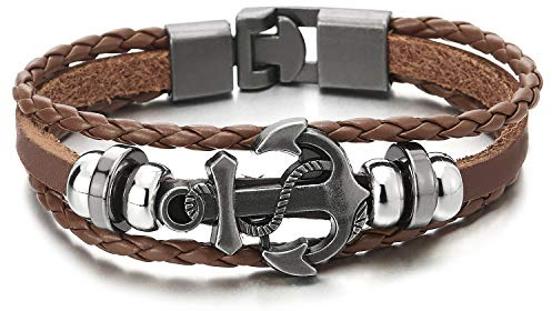 COOLSTEELANDBEYOND Herren Damen Anker Leder-Armband Wickeln Schweißband Braun Geflochtenes Leder DREI Reihen Armband