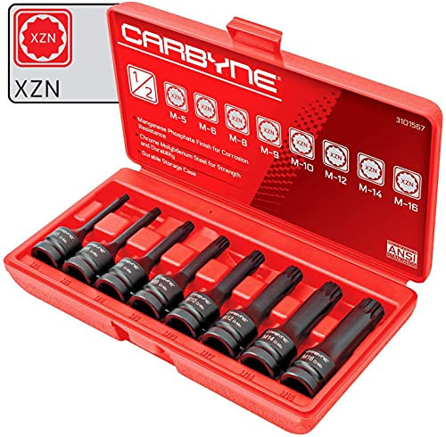 CARBYNE XZN - Juego de 8 llaves de vaso de impacto cuadradas triples, 12 puntos, acero al cromo molibdeno (Cr-Mo) | Métrico M5 a M16 | Unidad de 1/2 pulgada