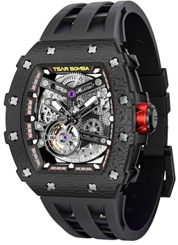 TSAR BOMBA Relojes Hombre Automático Reloj de Pulsera Tonneau Lujo Cristal Zafiro Movimiento Japonés Acero Inoxidable 316 Impermeables 50M Luminos Esqueleto Analogico Deportivo Regalo Hombre