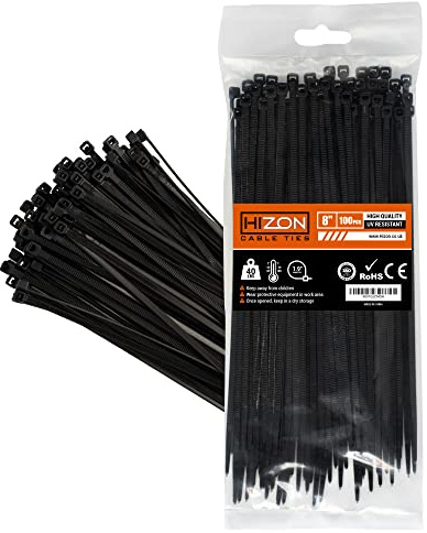 Hizon 100 Pack of Black Cable Ties, 200mm x 3.6mm, 8 Premium Tie Wraps, Nylon Zip Ties, Perfect for Home, Office, Garage and Workshop…