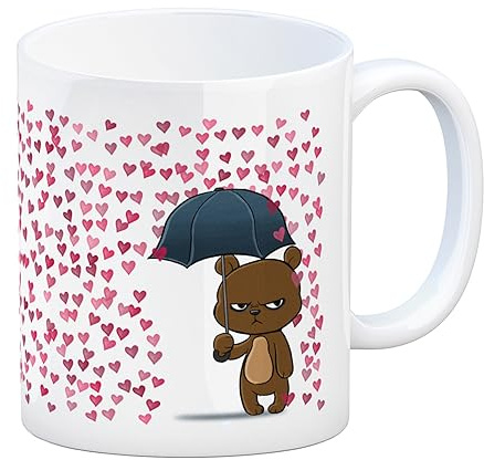 Grummeliges Bärchen im Herz-Regen Kaffeebecher Tasse als lustiges Geschenk für notorische Valentinstag und Liebesmuffel für die dieser Tag auch ausfallen könnte