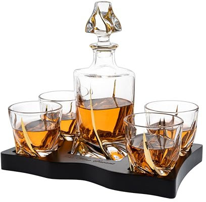Ember Gilded Japanese Crystal Whisky Decanter Set with 4 Tumbler Glasses, Lead-Free Liquor Carafe & 10oz Rocks Glasses - Scotch Bourbon, Spirits & Wood Base Elegant Barware Gift for Men, Japan Design