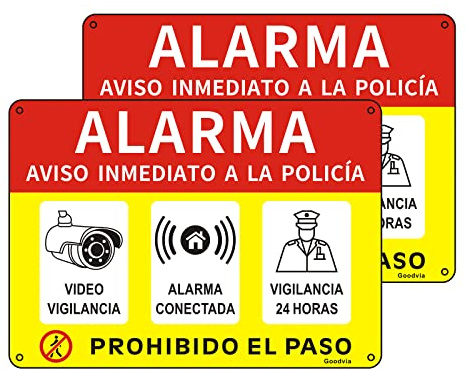 Goodvia Cartel Alarma Aluminio Reflectante 18x25 cm, Placa Alarma Conectada Cartel Videovigilancia Metalico Prohibido el Paso Propiedad Privada Duradero, Impermeable y Resistente UV, 2PCS
