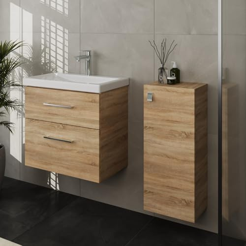 Planetmöbel Badmöbel Set Waschtisch mit Unterschrank | 63 x 60 x 36,5 cm, Midischrank, moderner Waschbeckenunterschrank für Badezimmer, Gäste Bad & WC, Sonoma Eiche