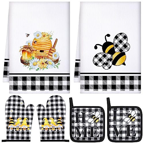 Bencailor 6 Pcs Bee Kitchen Towels Oven Mitts and Oven Holders, Honey Gnome