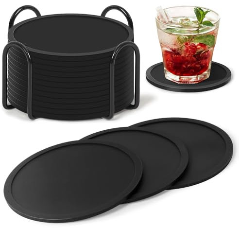 Gotanc Untersetzer Gläser 12er Set, Silikon Glasuntersetzer rutschfest und Isoliert Glas Untersetzer-Set, Rund Glasuntersetzer Schwarz mit Halter, für alle Arten von Tassen