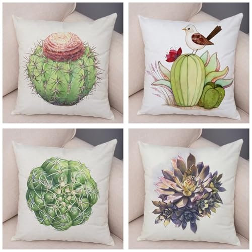Juego de 4 Plantas de Cactus Fundas de Cojines,Moderno Cuadradas Cojines 35x35cm,Fundas de cojín Terciopelo Decorativas Suaves y Transpirables para Patio Jardín Sala de Estar Sofá Mueble Exteriores