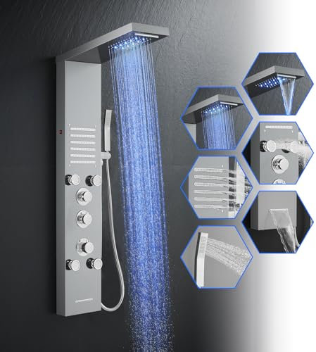 ROVOGO LED Duschpaneel mit Thermostat, 5-Funktion Duschsäule mit Regenfall Wasserfall Duschkopf, 5 Massagedüsen, Handbrause und Wanneneinlauf, Duschpaneel aus Edelstahl 304 mit Armatur, Gebürstet