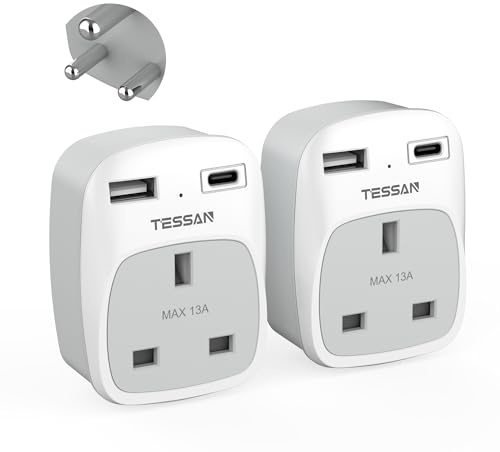 TESSAN UK to India Plug Adapter, Type D Indian Travel Adapter with USB C | 2 Pack Plug Socket Adaptor UK to Sri Lanka, Pakistan, Burma, Maldives, Iraq, Namibia, Nepal, Yemen, Zambia (Type D)