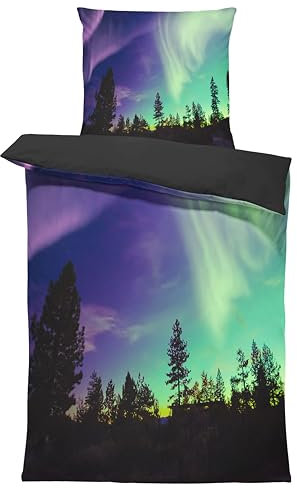 one-home 4 teilig Bettwäsche 135x200 cm Polarlichter Nordlichter grün schwarz Microfaser
