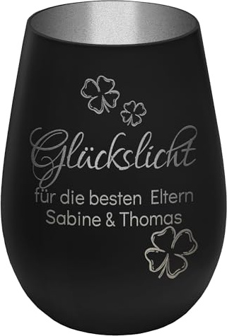 Windlicht mit Gravur Glückslicht - personalisierbar mit Wunschtext - Schwarz/Silber - Höhe 12 cm - Geschenk Teelichthalter Kerzenglas