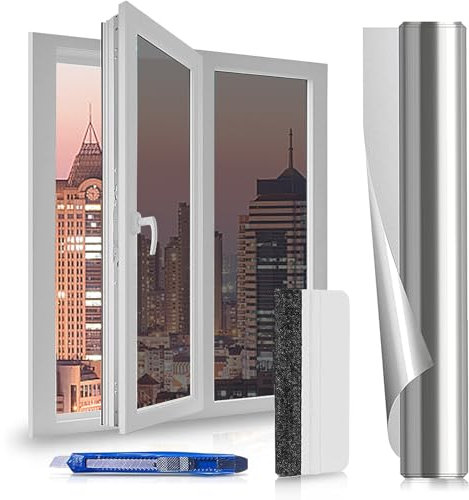Film Fenetre Anti Regard - 44.5x400 cm - Anti Chaleur Anti UV, Film Miroir pour Fenetre avec Kit de Pose, Protection de la Vie Privée, Protection Solaire, pour Fenêtr Maison Bureau Magasin, Argenté