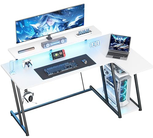HOMIDEC 140cm L Shaped Gaming Desk, Computer Corner Desk with LED Lights | Smart App LED Lights, Carbon Fiber Surface, Ergonomic Monitor Stand, 2 Storage Shelves & Hook, Sturdy Z-legs, White