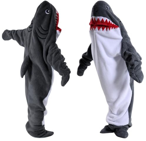 Piashow Hai Kostüm Hai Decke zum Anziehen- Shark Hoodie aus Superweichem Baumwolle, Hai Kostüm für Erwachsene Kinder, Hai Schlafsack, Shark Onesie für Cosplay (Dunkelgrau, 160CM (Höhe:125-138cm))