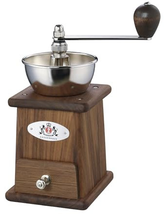 Zassenhaus Macinacaffè manuale SANTOS | noce | 11,5 × 10,5 × 23,5 cm | macina chicchi di caffè | Grado di macinazione regolabile | Macinino originale Zassenhaus | Portagioli contenitore: 70 g