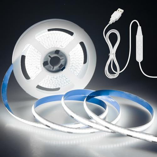 Aclorol USB 5V COB LED Streifen Kaltweiß 6500K 3M 960LEDs Dimmbar LED Band licht CRI85+ Flexibel Streifen Hohe Dichte für TV Hintergrundbeleuchtung Spiegel Schrank Treppe Heimdekoration 8mm Width