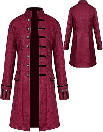 Abbigliamento medievale da uomo, cappotto steampunk, costume da uomo per Halloween, cosplay, tailcoat steampunk, gotico, uniforme medievale, Rosso, M