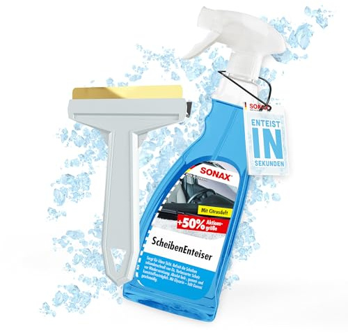 autopflege Auto Scheibenenteiser Set | 1x Sonax Scheiben Enteiser Spray 750ml für Autoscheiben + 1x Murska Eiskratzer mit Messingklinge | Enteiserspray für klare Sicht