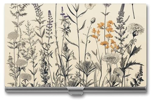 JTKLQBN Schlankes Visitenkartenetui aus Metall, Blumen-Kräuter, botanische Gravur, bedruckter Namenskartenhalter, professioneller Visitenkarten-Organizer, Weihnachtskartenhalter für Männer und Frauen,